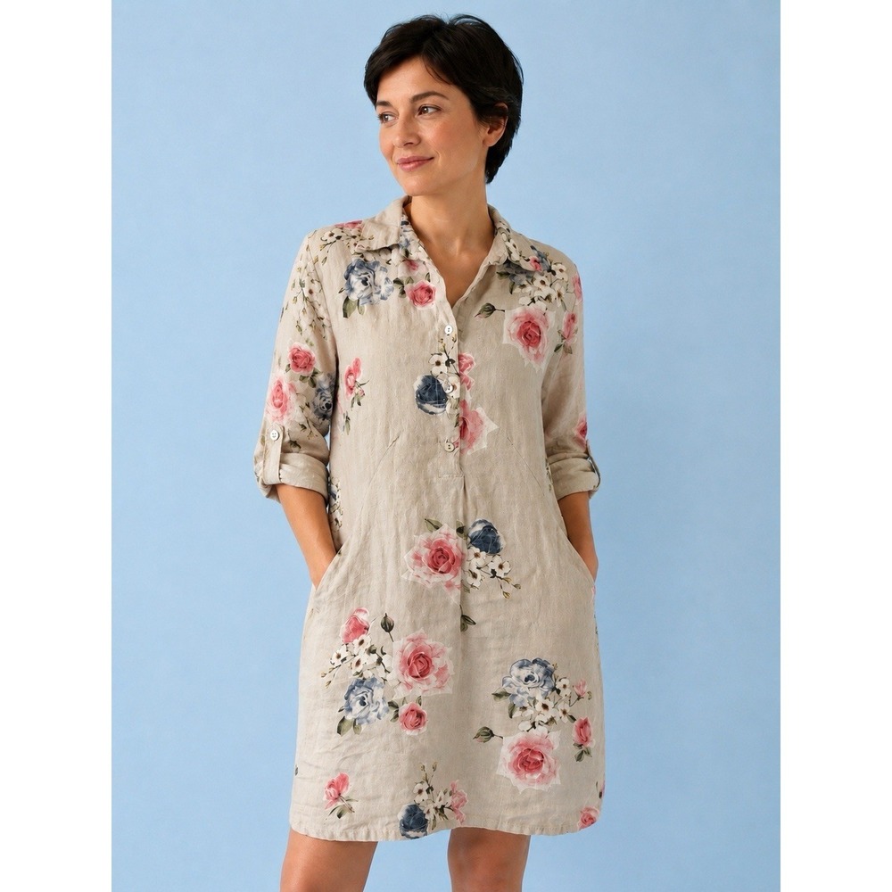 OSO Casuals Linen Lagen Look Casual XS Loose Fit Dress Antique Roses 3/4 Sleeve